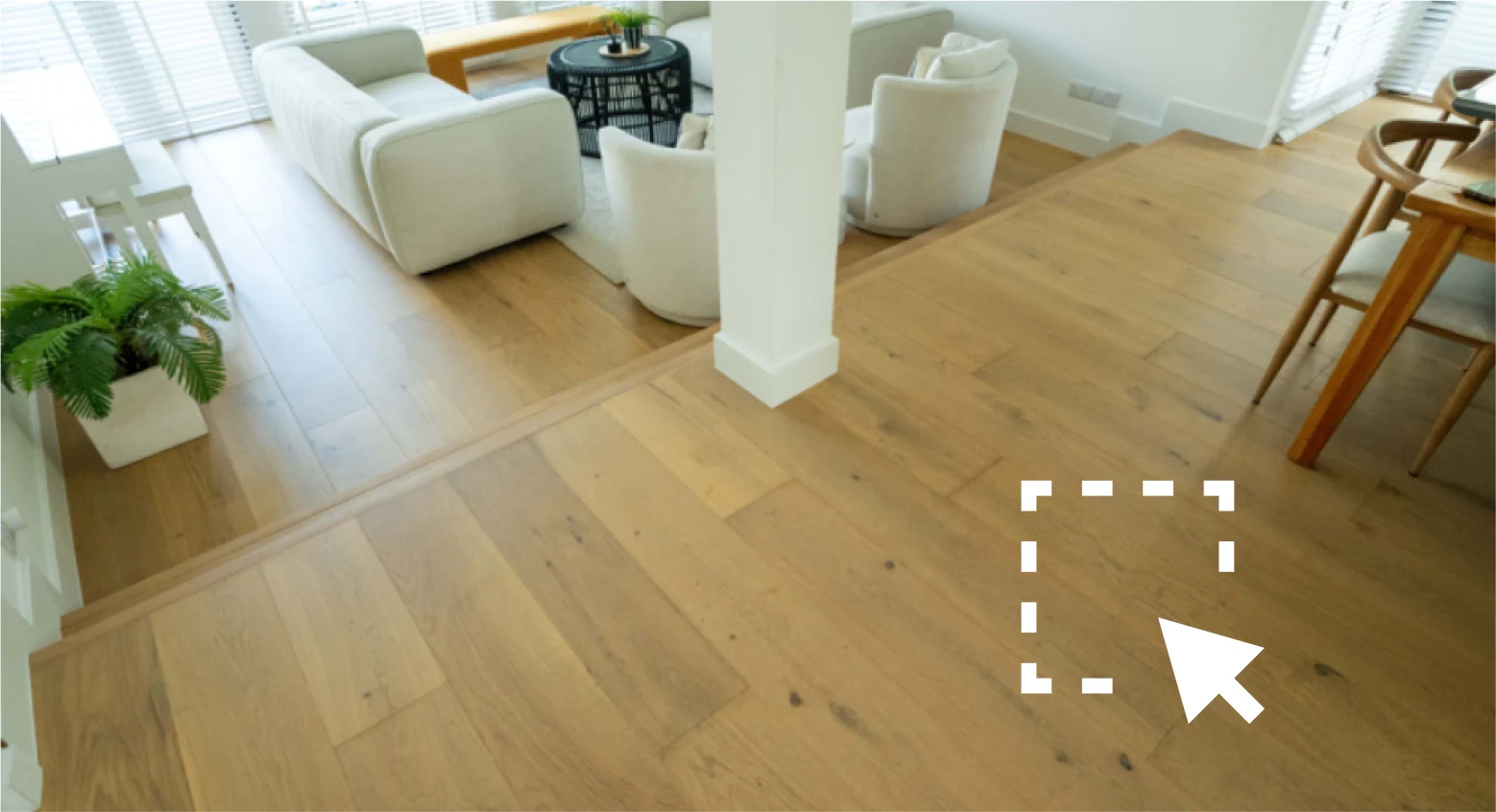 photo of a living space with a wooden floor and measurement graphical overlay